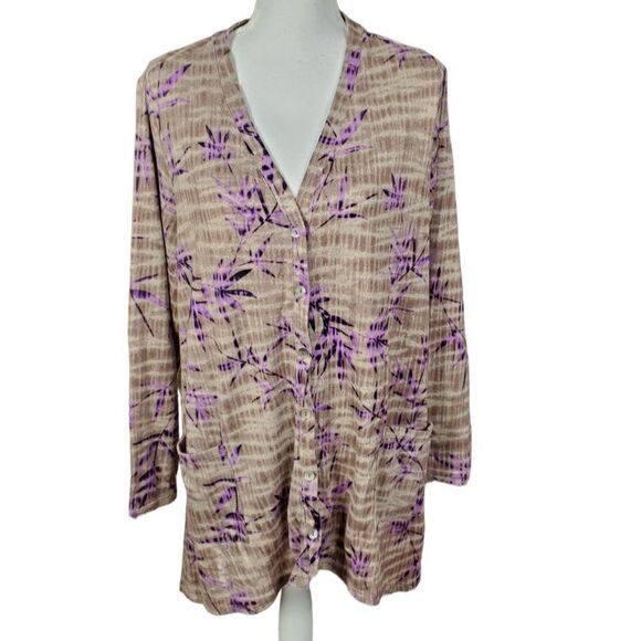 Logo Lori Goldstein Cardigan Size 1X Floral Purple Brown Artsy Cottagecore - Picture 1 of 9